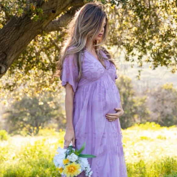 PinkBlush Lavender Lace Mesh Overlay Maternity Maxi Dress - Picture 1 of 5